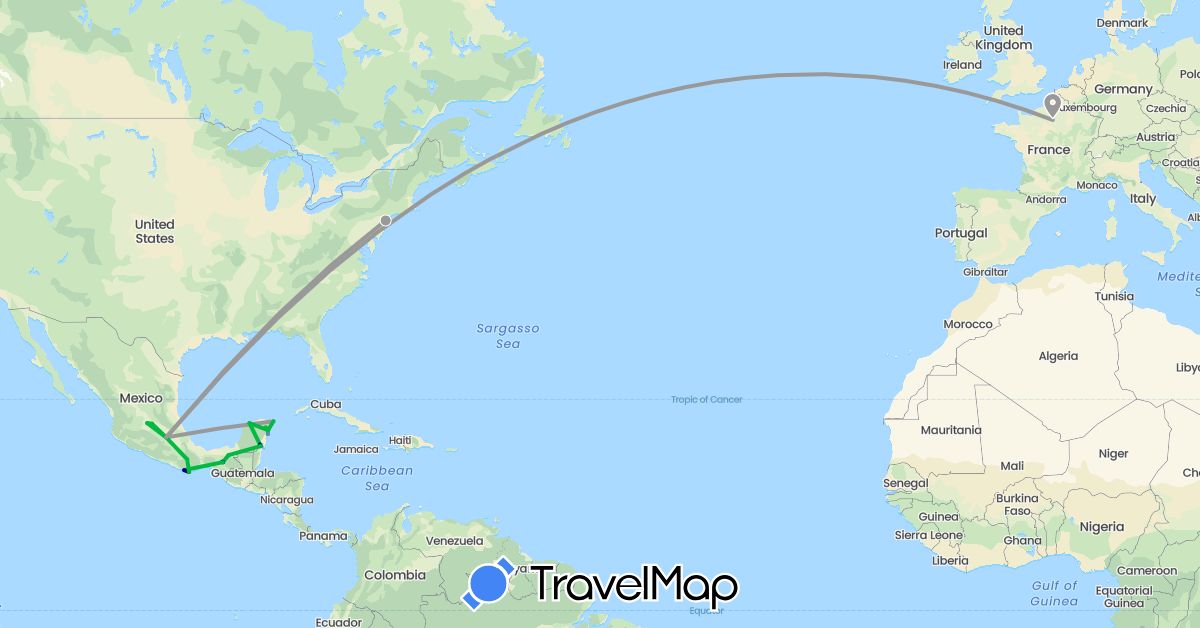 TravelMap itinerary: driving, bus, plane, cycling in France, Mexico, United States (Europe, North America)